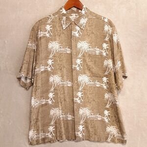 Caribbean Mens SS Button Shirt Sz.M/Dark Beige-Palm Tree-Cruise Ship/100% Rayon